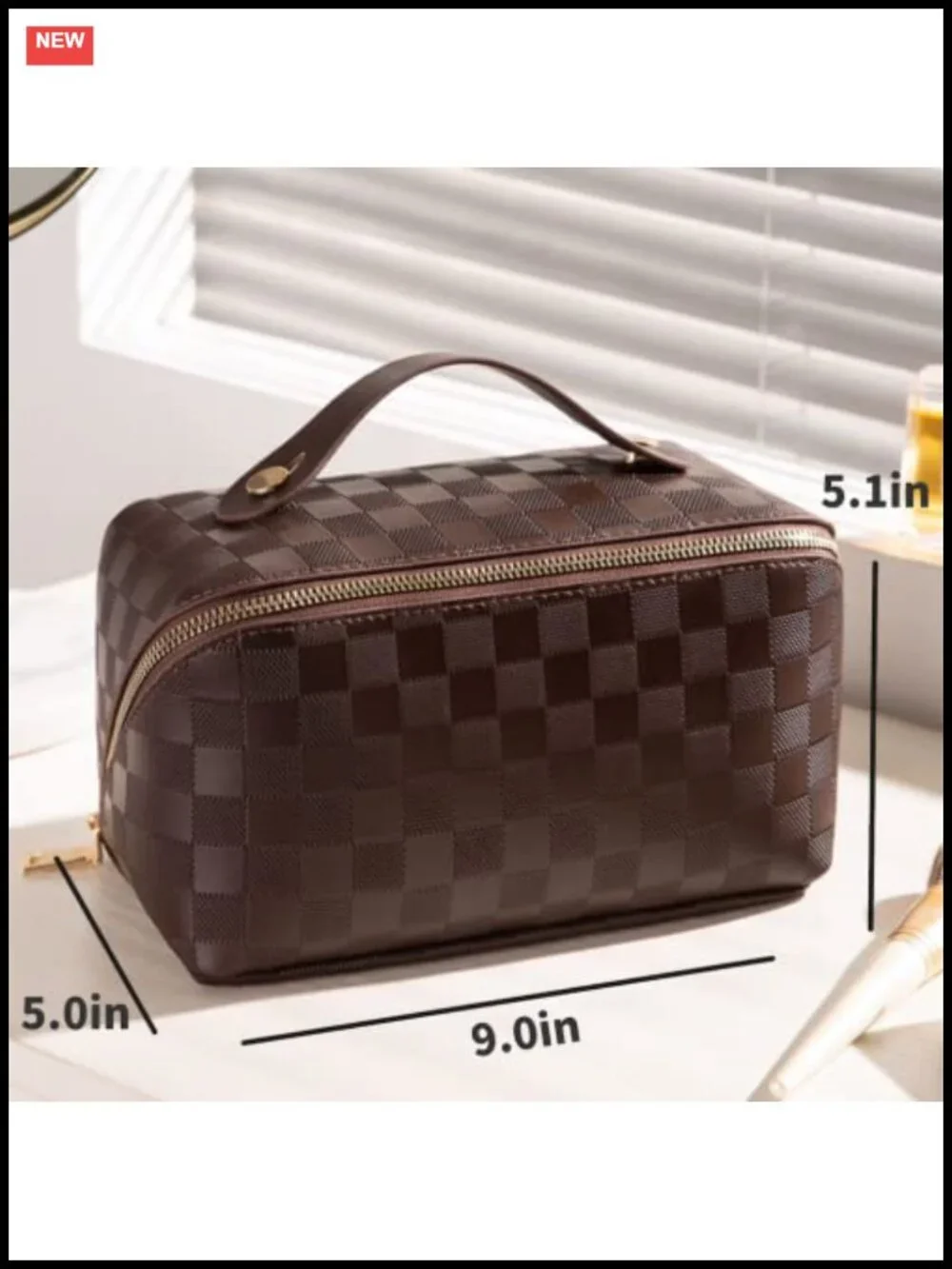 Large Capacity Checkered PU Leather Travel Makeup Organizer Toiletry Bag